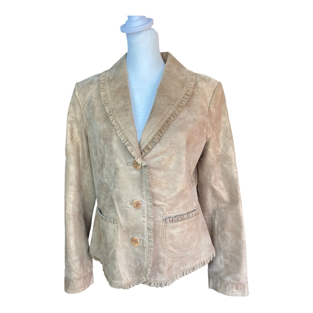 Bernardo Women’s Tan Shimmery Ruffle Trim Button LEATHER Blazer Jacket Sz Small